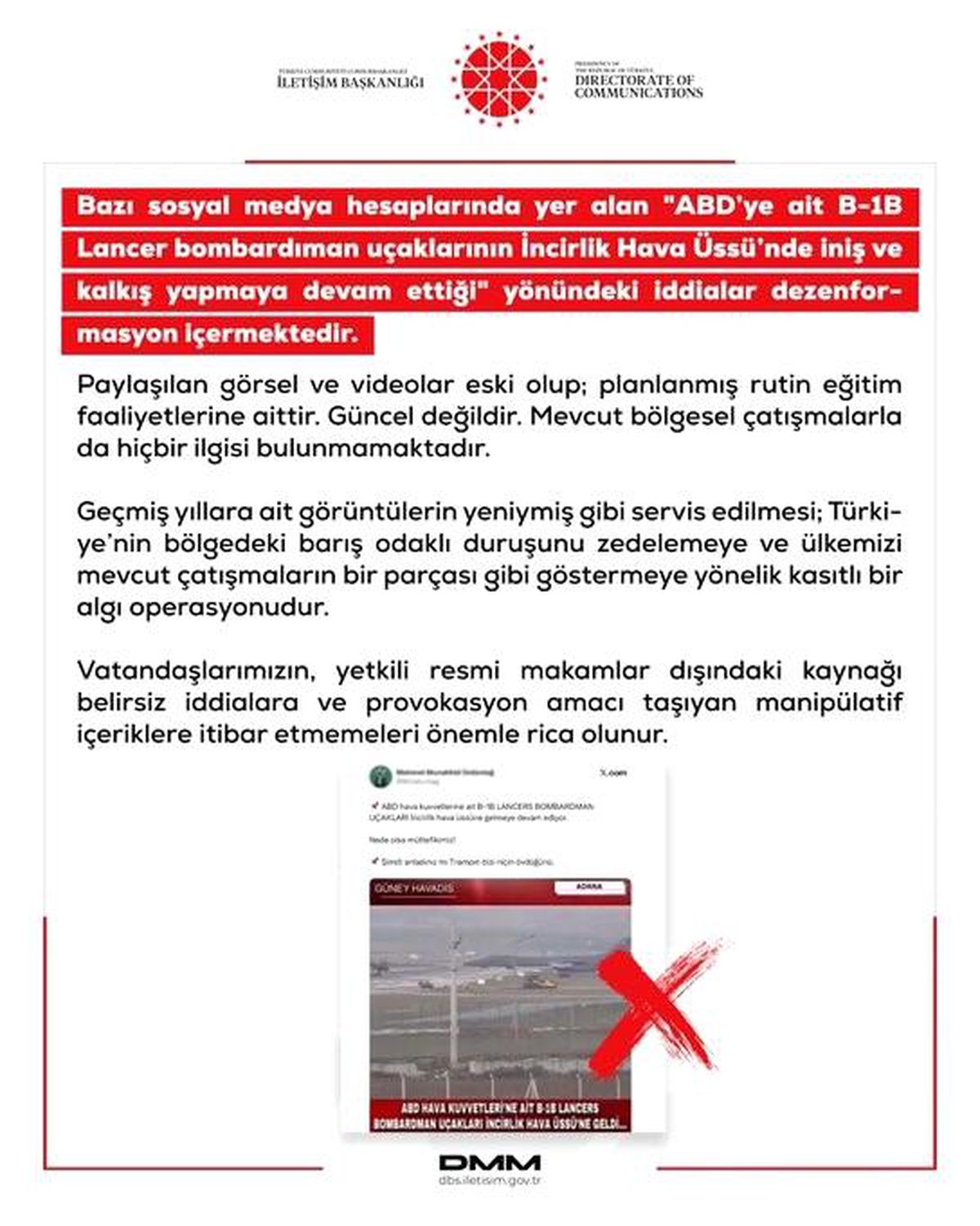 DMM'den ABD'ye ait bombardıman uçaklarının İncirlik Üssü'nü kullandığı iddialarına yalanlama