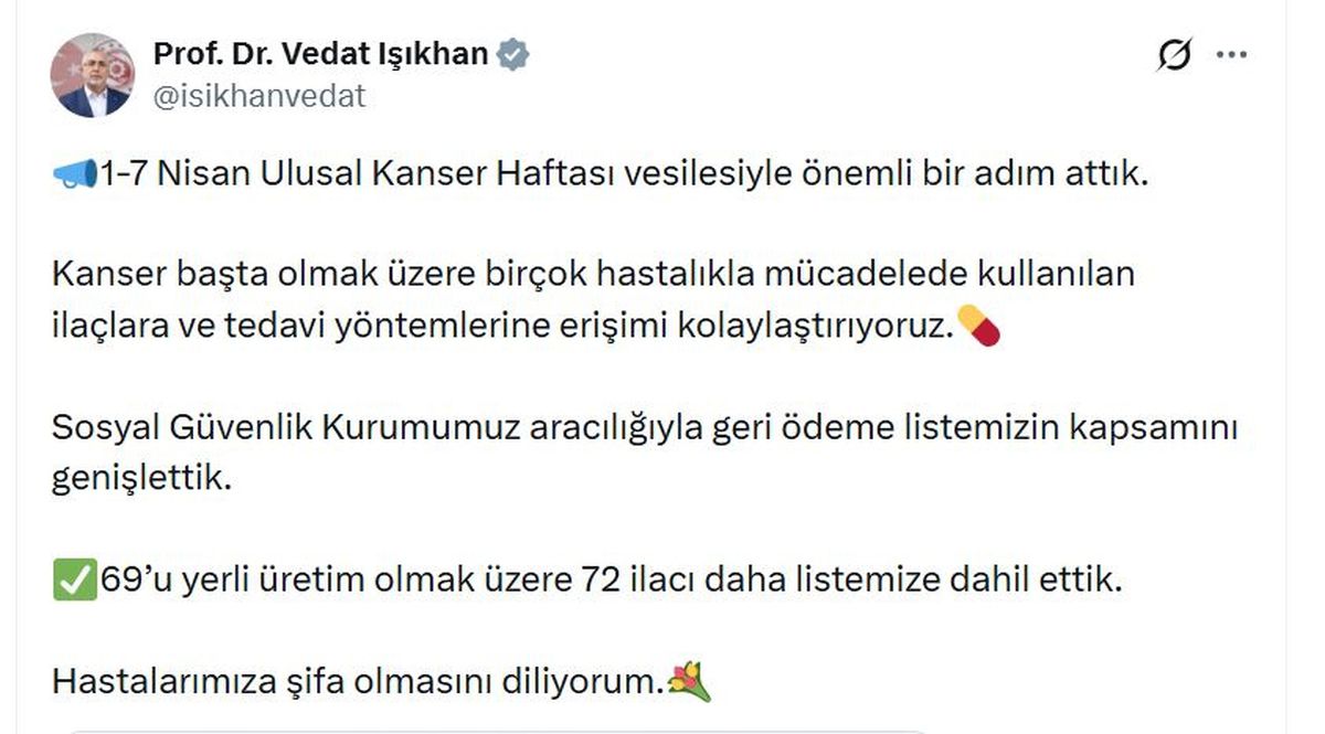 Bakan Işıkhan'dan 72 ilacı geri ödeme listesine alma açıklaması
