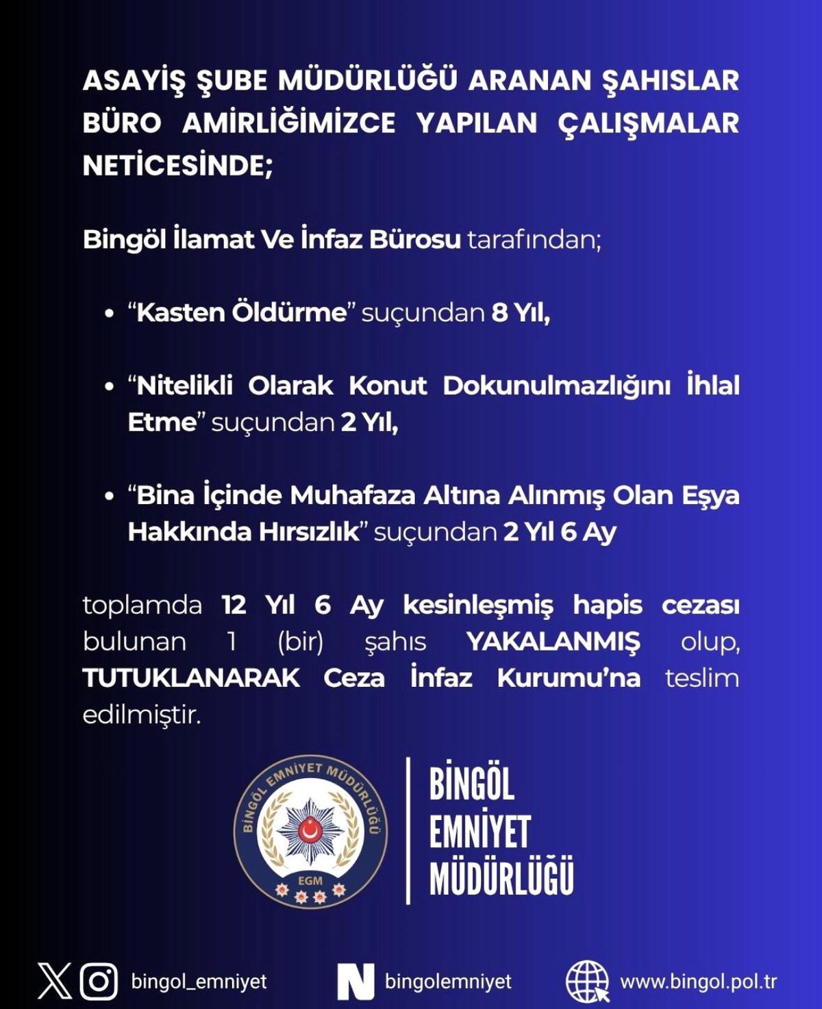 Bingöl'de hapis cezası bulunan şahıs yakalandı