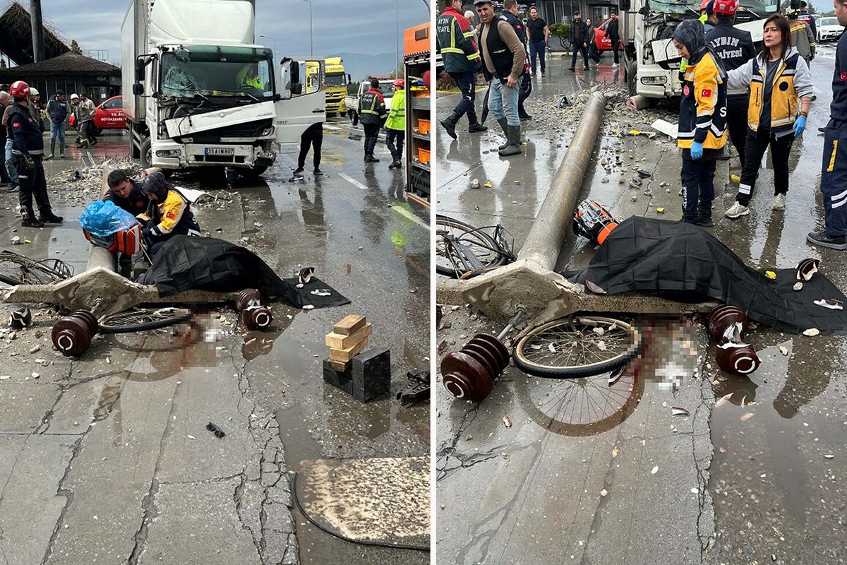 Kazada kamyonun devirdiği beton elektrik direğinin altında kalan bisikletli öldü