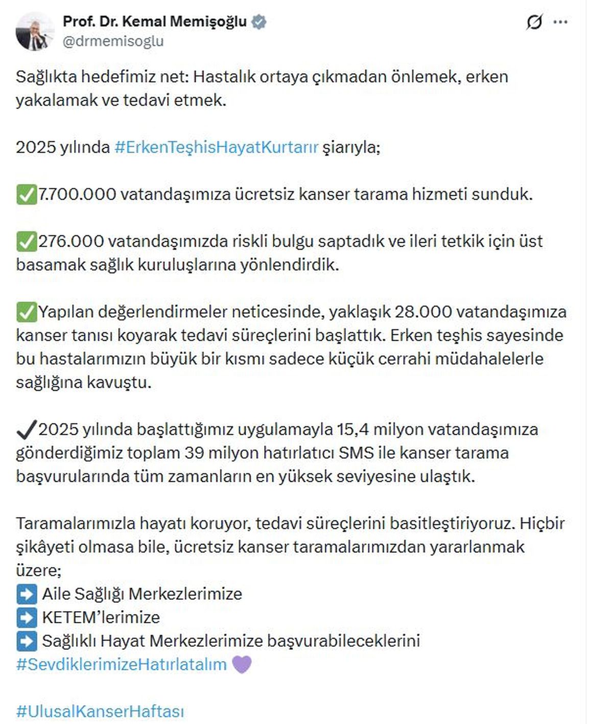 Bakan Memişoğlu: 2025 yılında 7 milyon 700 bin kişiye kanser taraması yapıldı