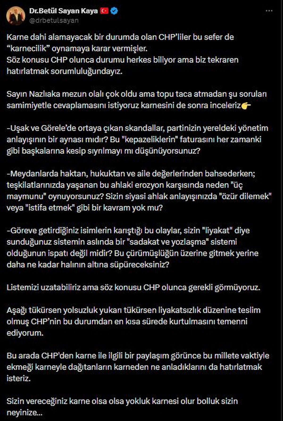 AK Parti'li Kaya: Liyakatsizliğe teslim olmuş CHP'nin bundan kurtulmasını temenni ediyorum