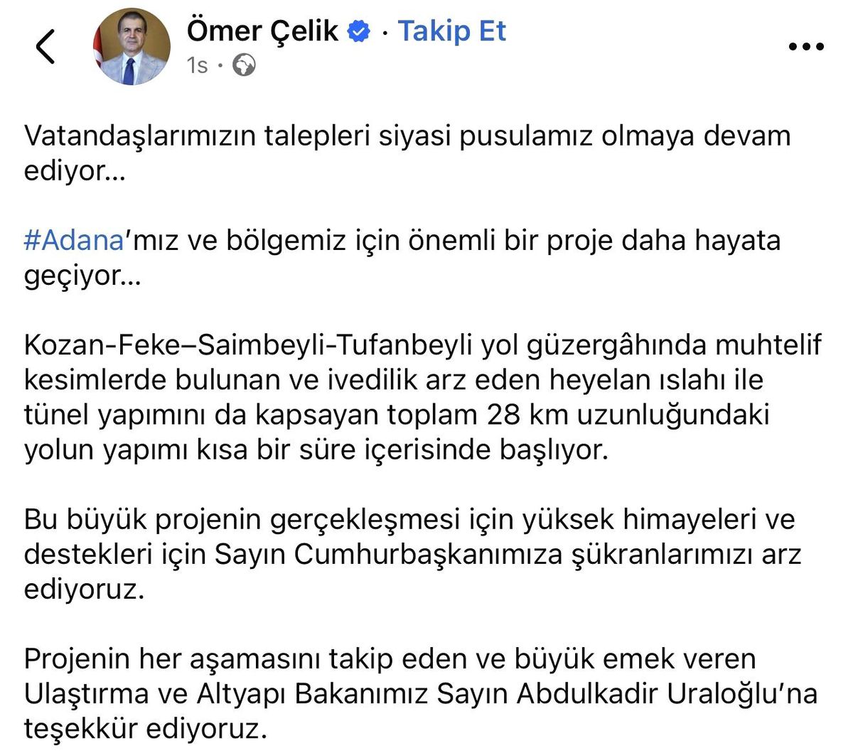 AK Parti Sözcüsü Çelik'ten Adana'ya yeni yol müjdesi
