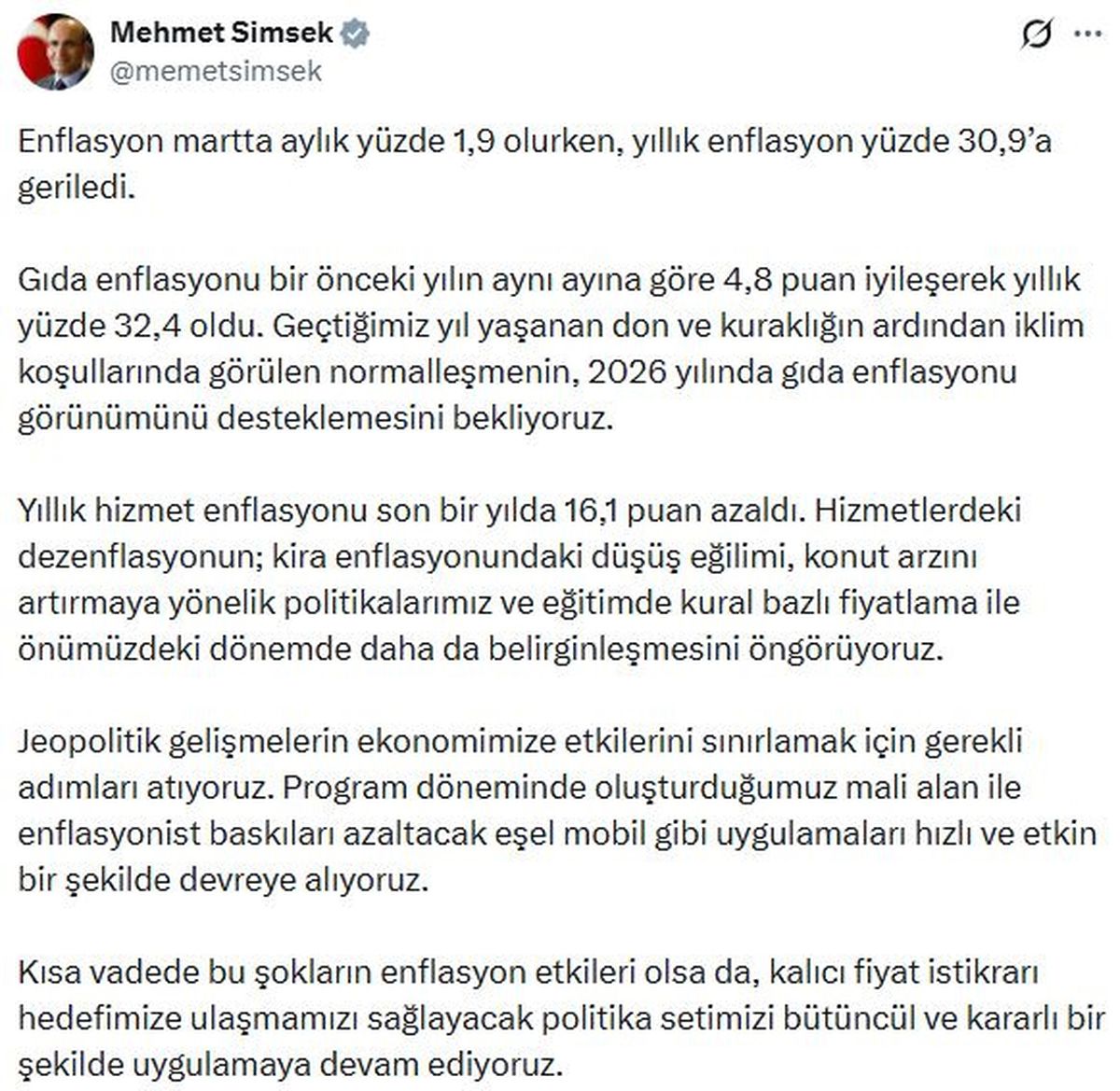 Bakan Şimşek: Enflasyonist baskıları azaltacak uygulamaları devreye alıyoruz