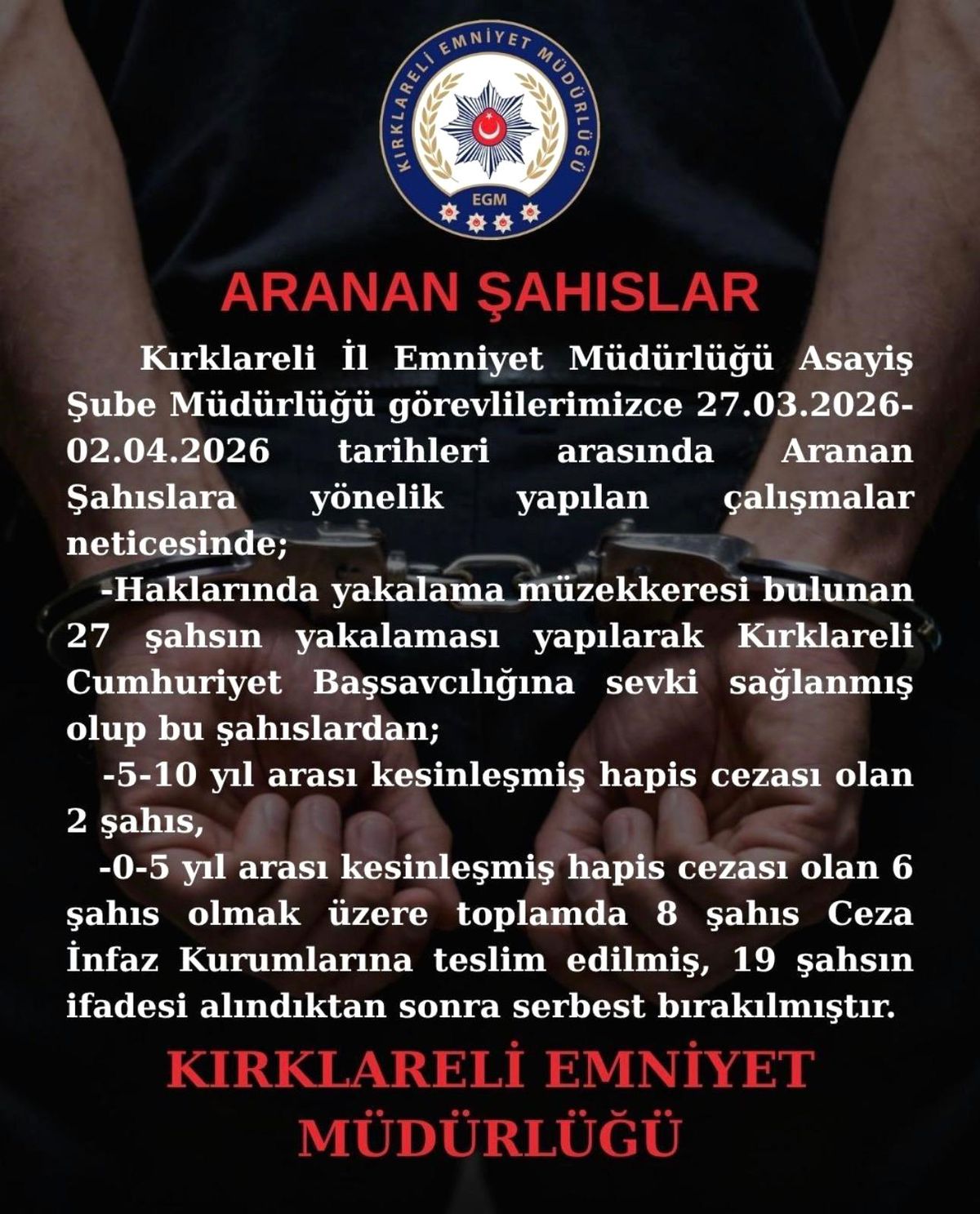 Kırklareli'nde aranan 8 kişi yakalandı