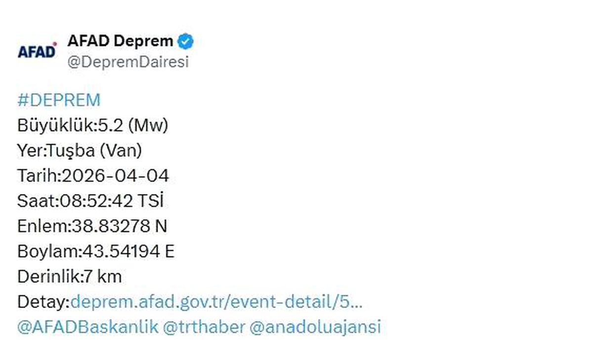 Van'da 5.2 büyüklüğünde deprem