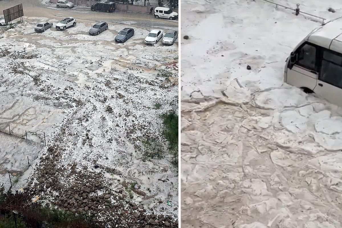 Adana'da sağanak ve dolu yağışı; cadde ve sokaklar beyaza büründü