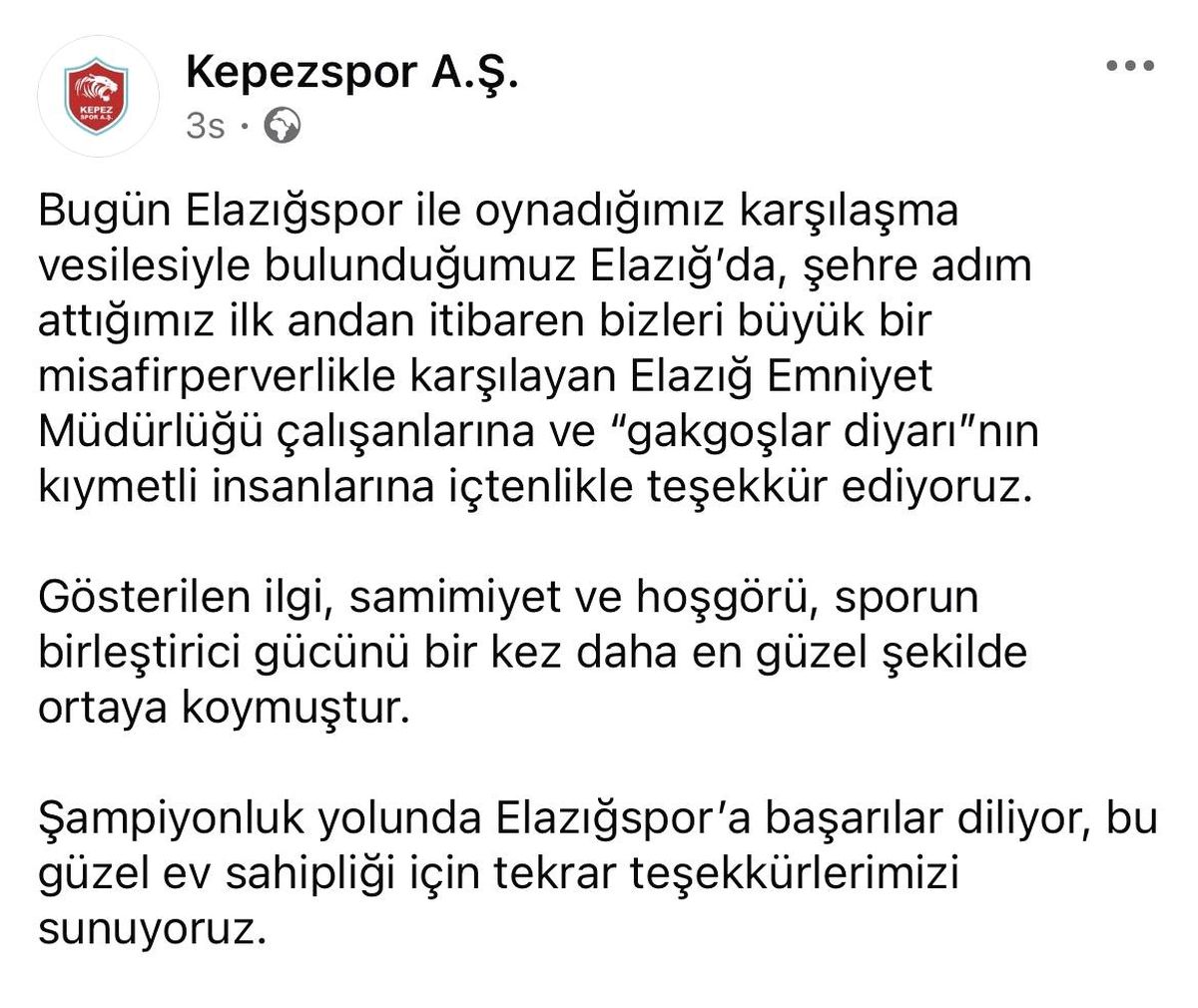 Kepezspor'dan Elazığ'a teşekkür ve övgü