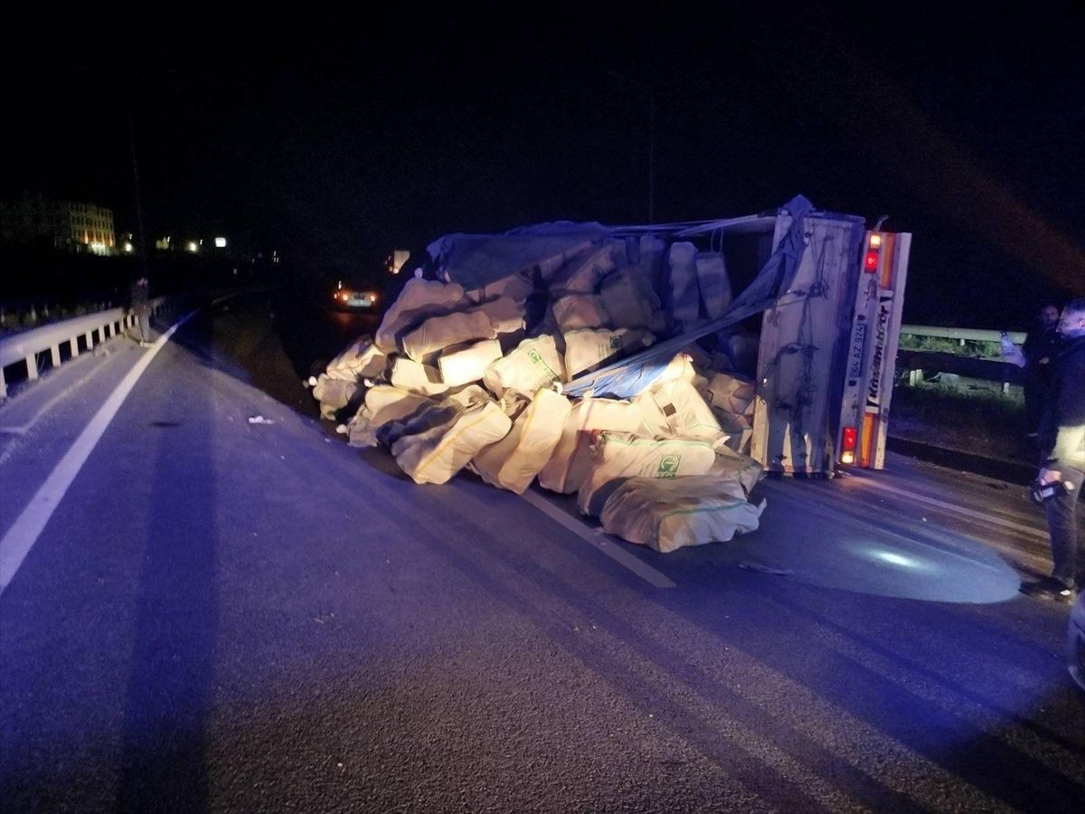 Bilecik'te devrilen tırın sürücüsü yaralandı