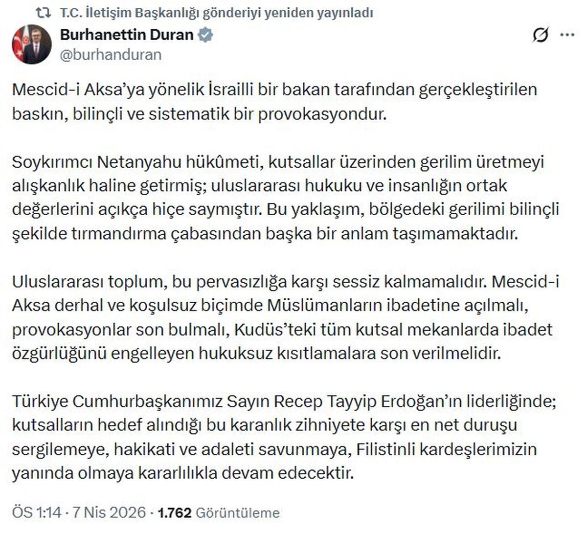 İletişim Başkanı Duran: Mescid-i Aksa'ya yönelik baskın, bilinçli ve sistematik bir provokasyondur