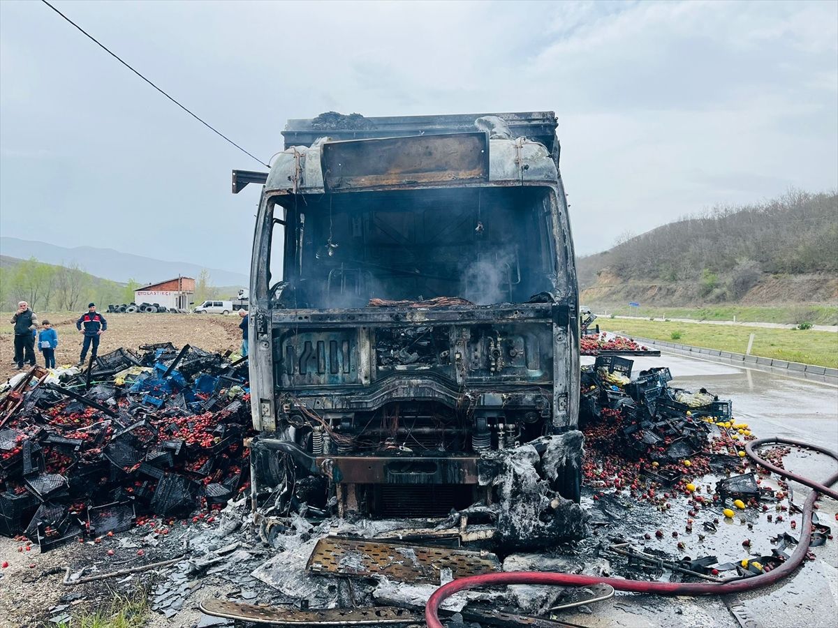 Tokat'ta seyir halindeyken alev alan çilek yüklü kamyon kullanılamaz hale geldi