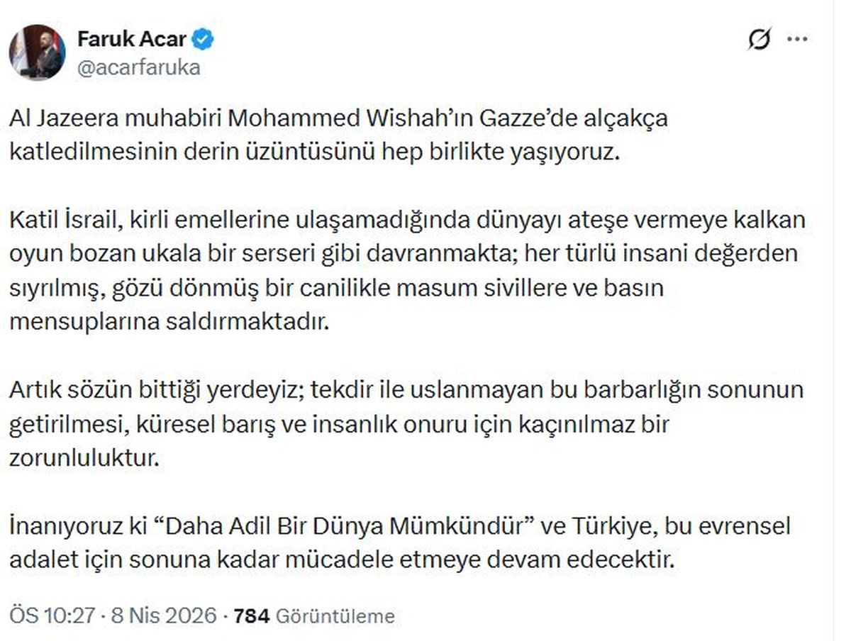 AK Parti'li Acar: Katil İsrail, gözü dönmüş bir canilikle masum sivillere ve basın mensuplarına saldırmaktadır