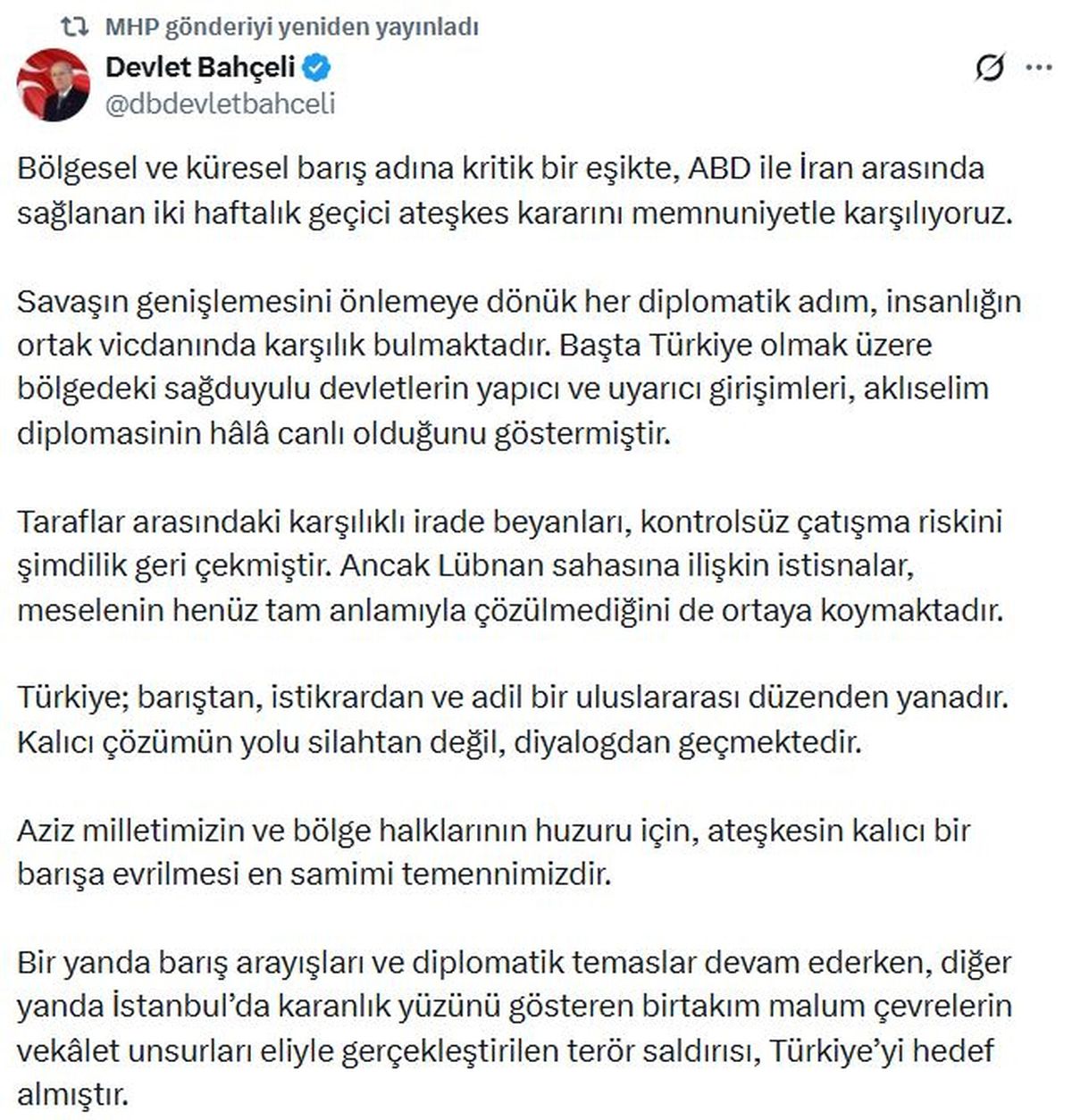 Bahçeli: Ateşkes kararını memnuniyetle karşılıyoruz