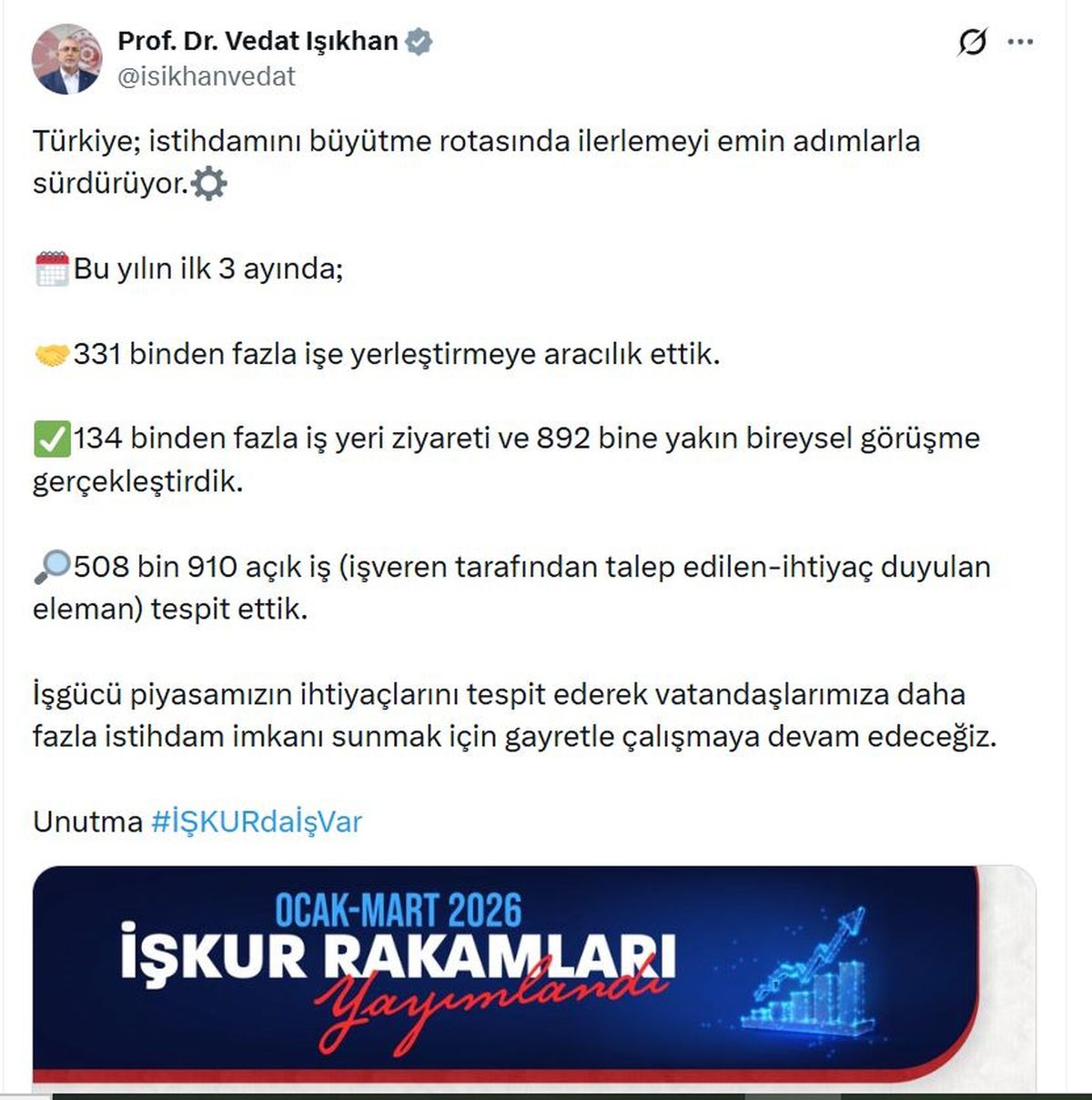 İş ve Sosyal Güvenlik Bakanı Işıkhan: 'Bu yılın ilk 3 ayında 331 binden fazla işe yerleştirmeye aracılık e...