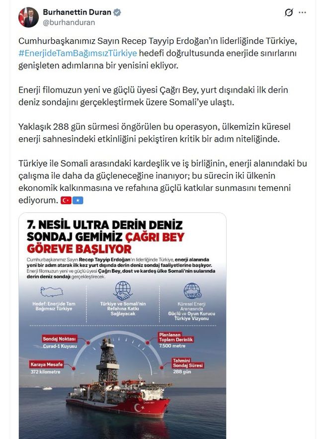 Türkiye'nin Yeni Sondaj Gemisi Çağrı Bey Somali'ye Ulaştı