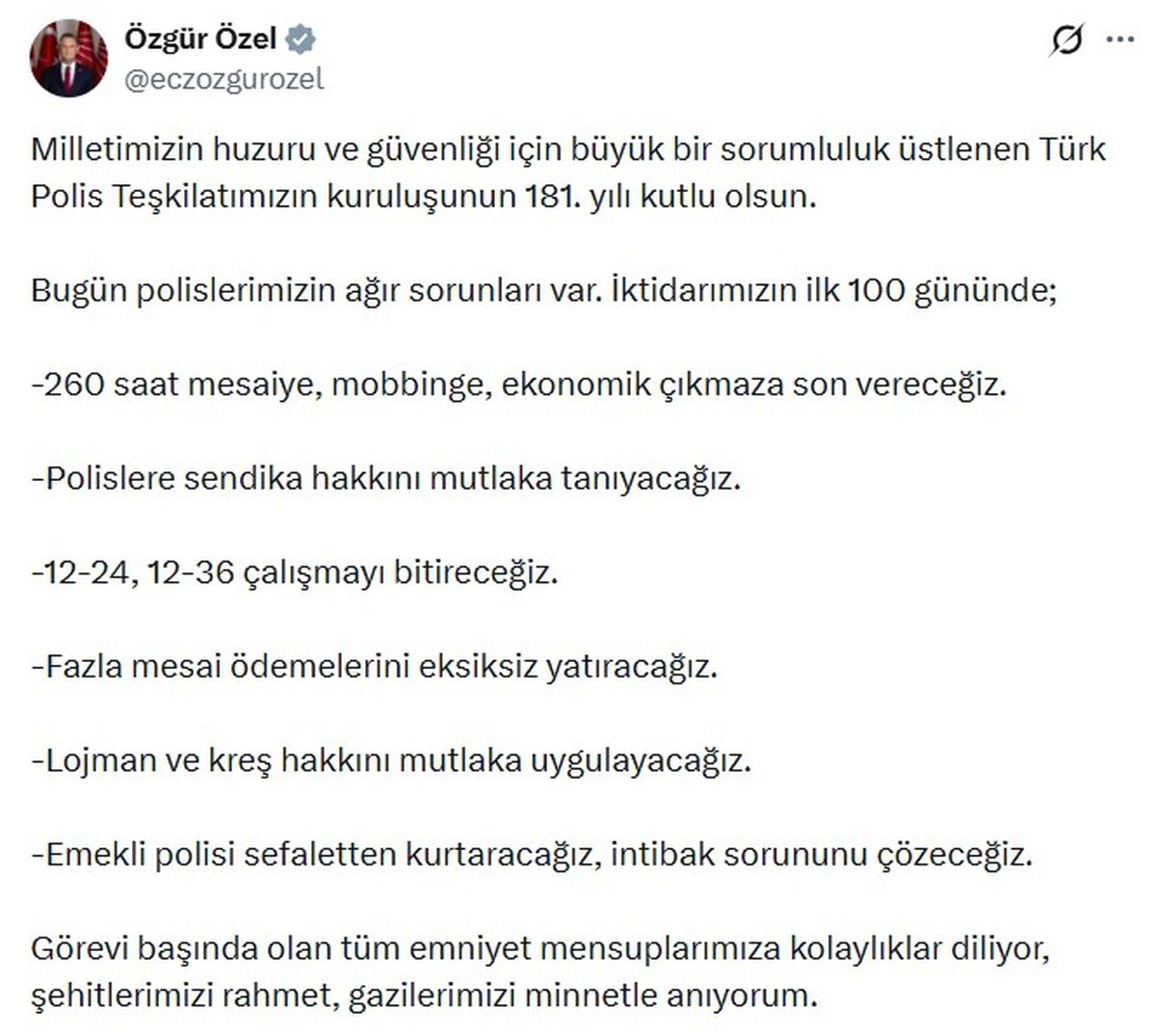Özgür Özel, Türk Polis Teşkilatı'nın 181'inci kuruluş yıl dönümünü kutladı