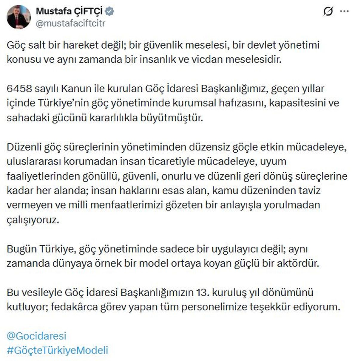 İçişleri Bakanı Çiftçi'den Göç İdaresi Başkanlığı mesajı