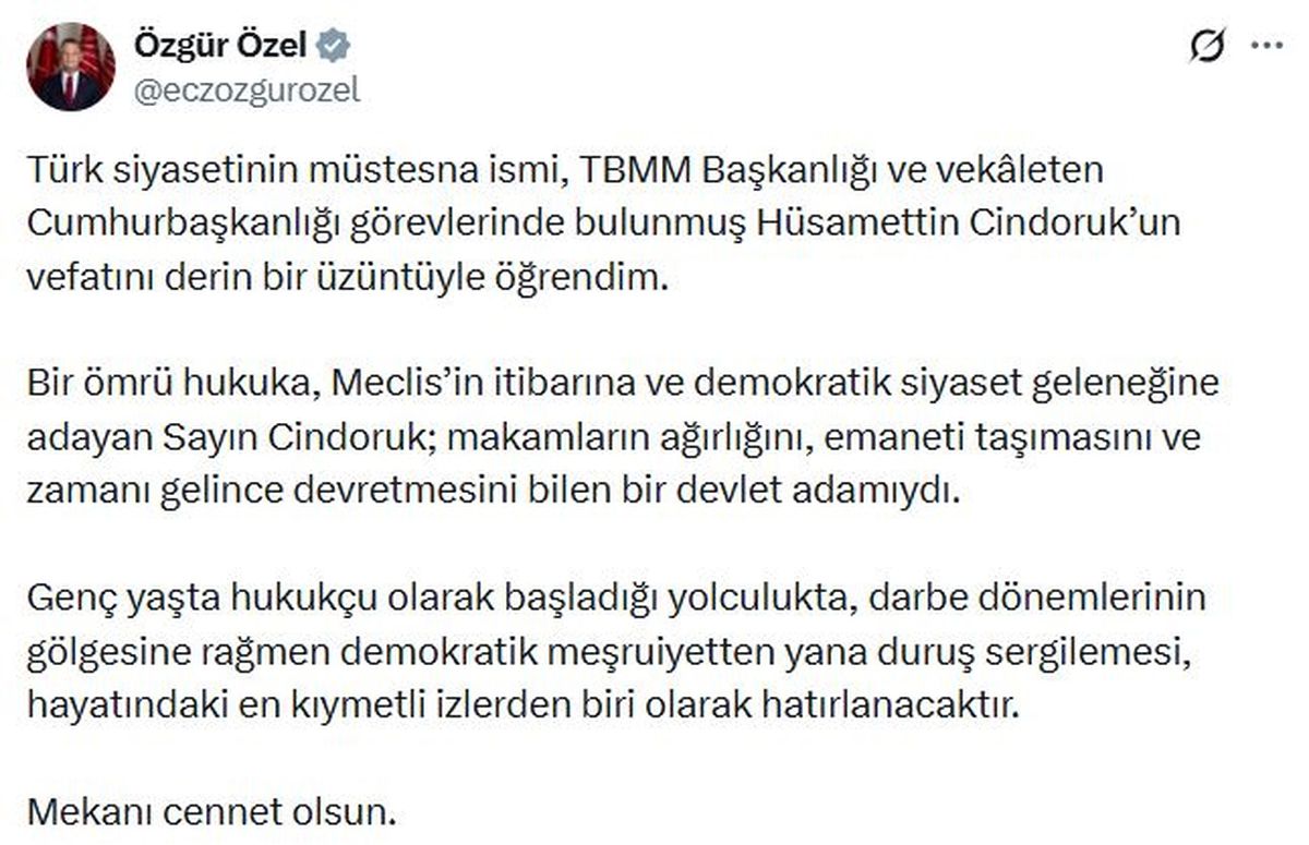 Siyasilerden eski TBMM Başkanı Cindoruk için taziye mesajları