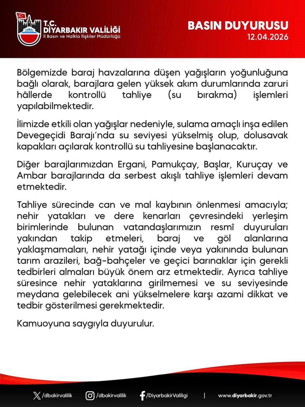 Diyarbakır'daki 5 barajda tahliye işlemi