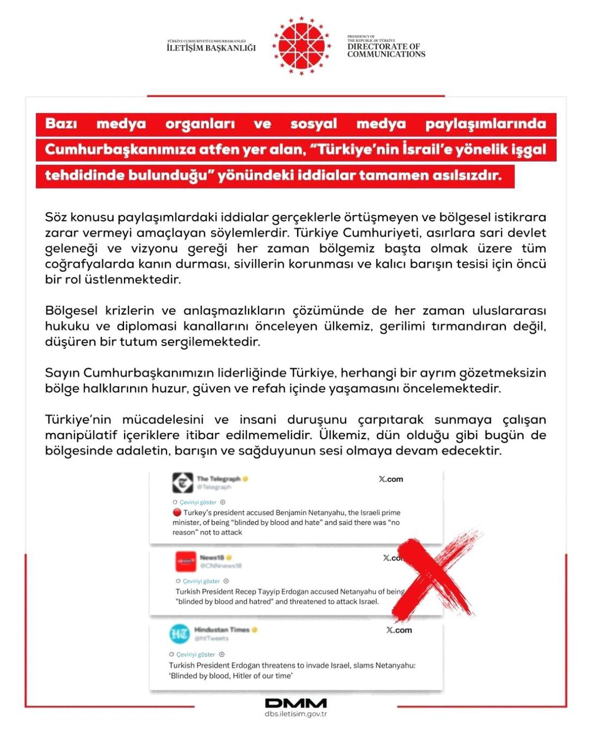 Dezenformasyonla Mücadele Merkezi: "'Türkiye'nin İsrail'e yönelik işgal tehdidinde bulunduğu' yönündeki id...