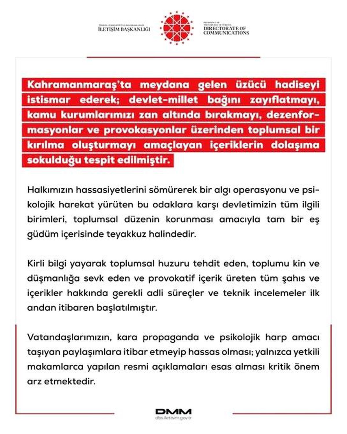 DMM: "Vatandaşlarımızın resmi açıklamaları esas alması kritik önem arz etmektedir"