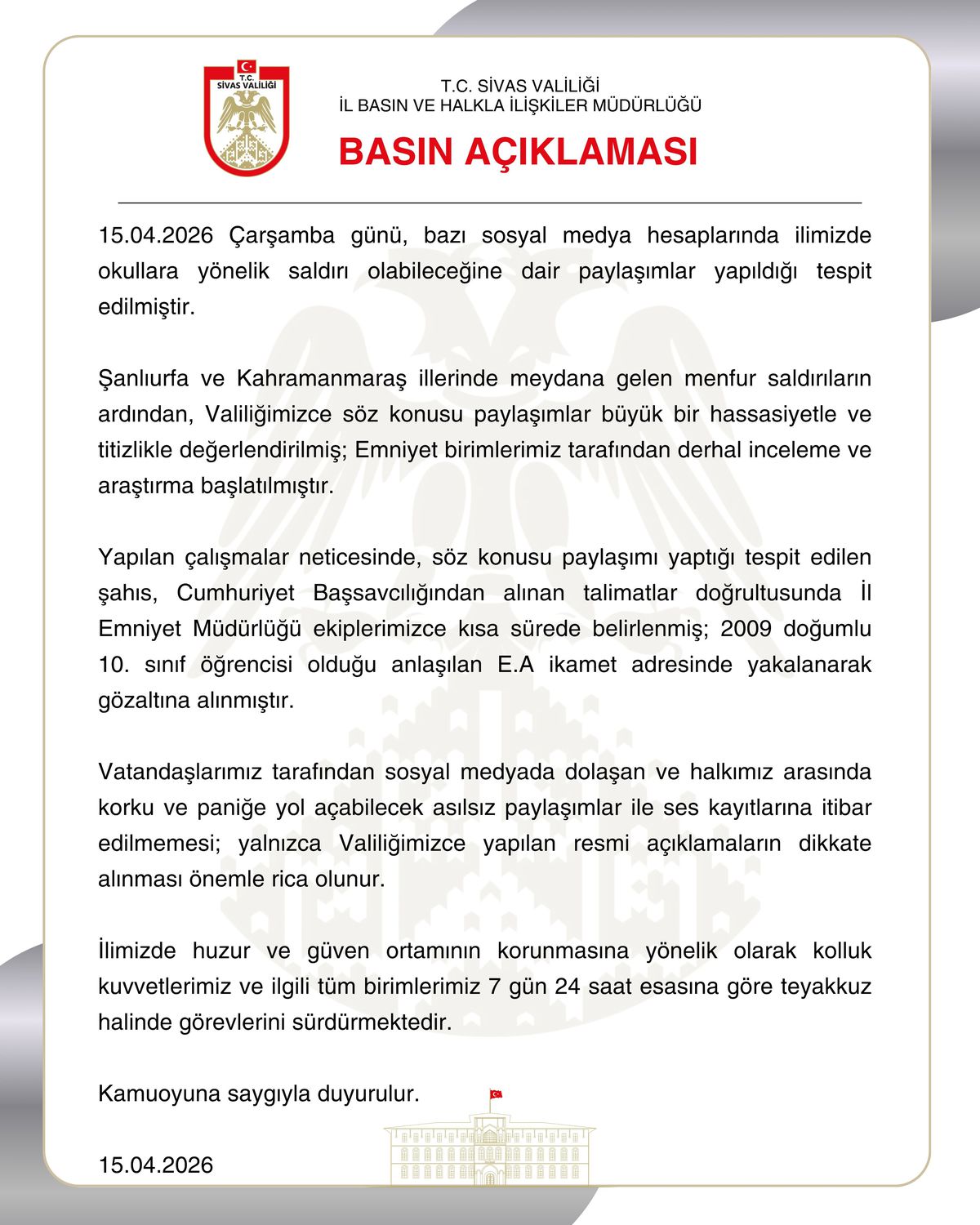 Sivas'ta Okullara Saldırı Düzenleneceği İddiasıyla Gözaltına Alınan Öğrenci