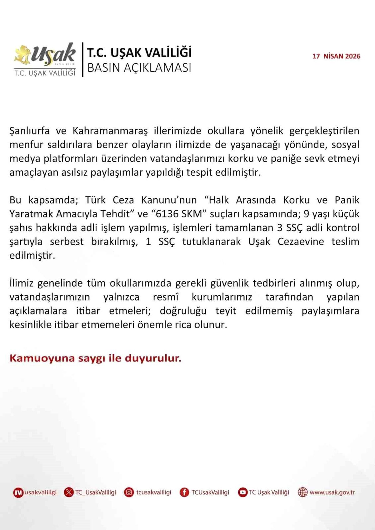 Uşak'ta asılsız paylaşımlara yönelik 1 şüpheli tutuklandı