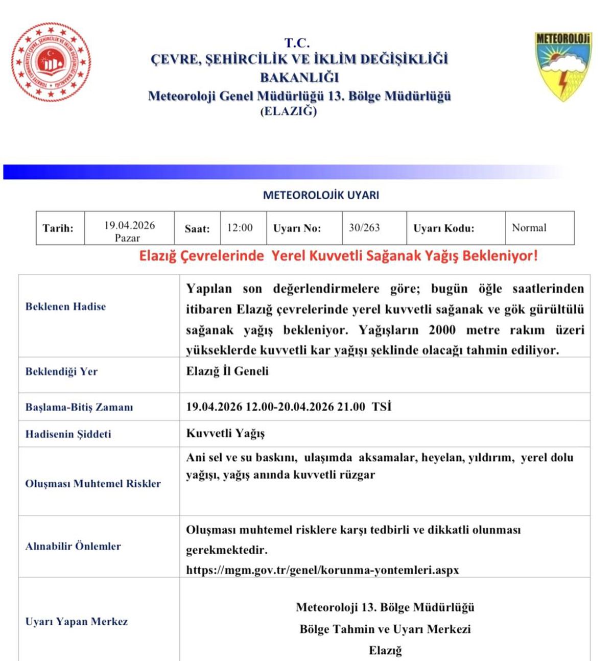 Meteorolojiden Elazığ için yağış uyarısı