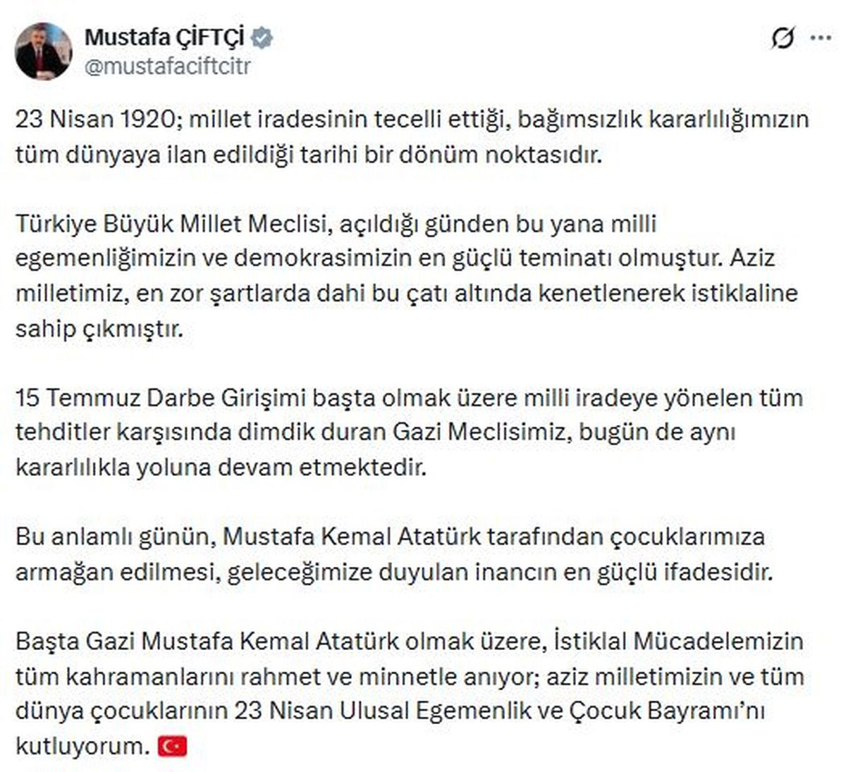 İçişleri Bakanı Mustafa Çiftçi'den 23 Nisan Mesajı