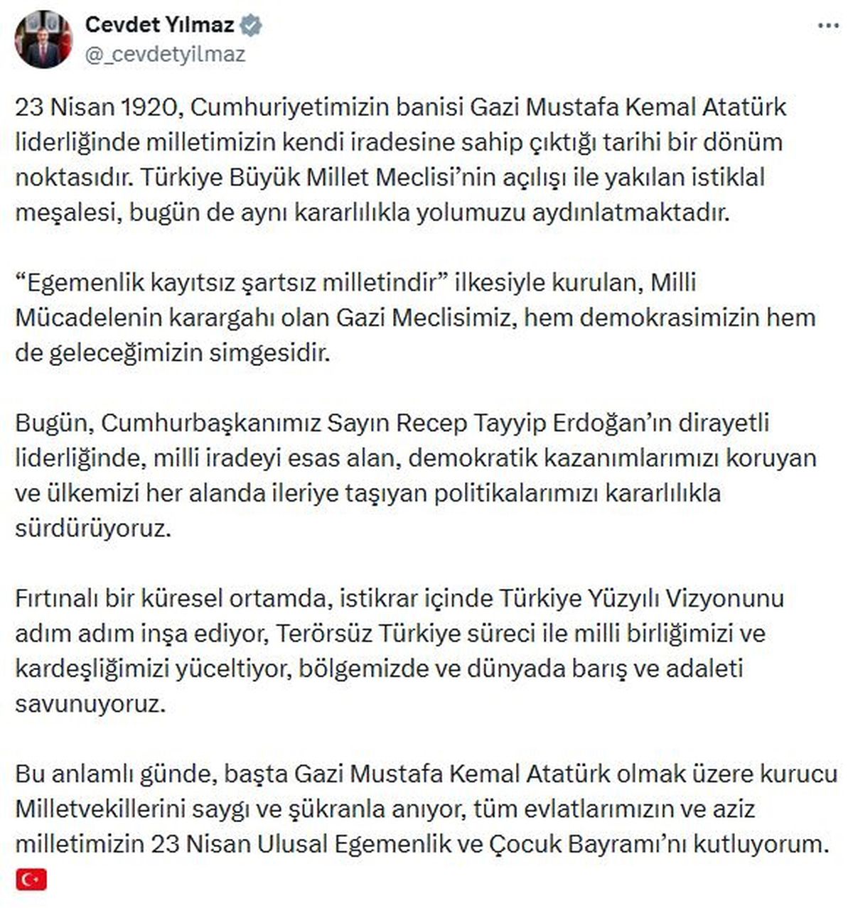Cevdet Yılmaz'dan '23 Nisan' mesajı