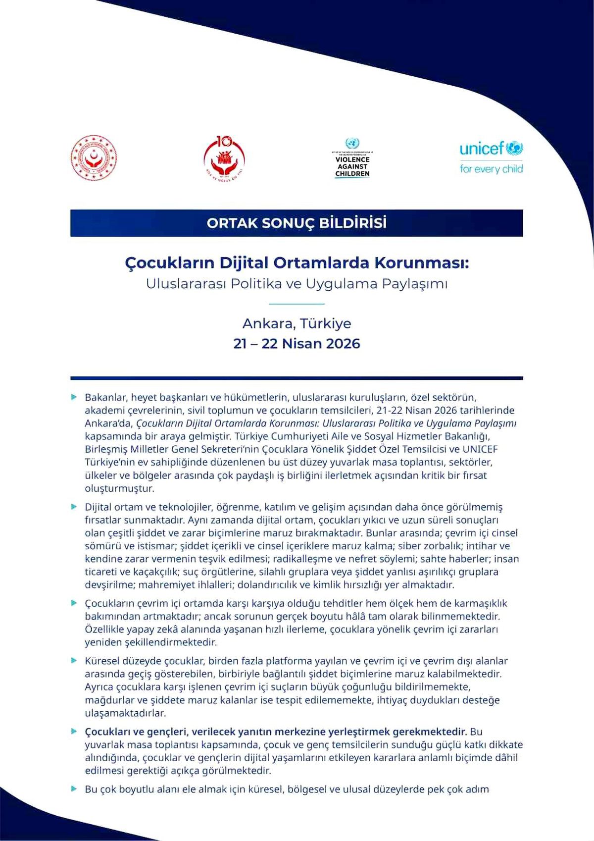 'Çocukların Dijital Ortamlarda Korunması: Uluslararası Politika ve Uygulama Paylaşımı'nın ortak sonuç bild...