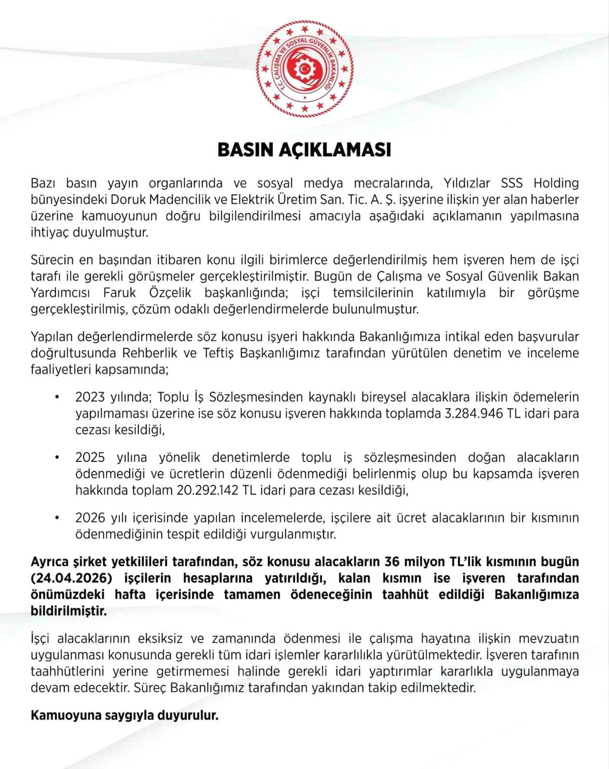 Çalışma ve Sosyal Güvenlik Bakanlığından maaşlarını alamayan maden işçileriyle ilgili açıklama