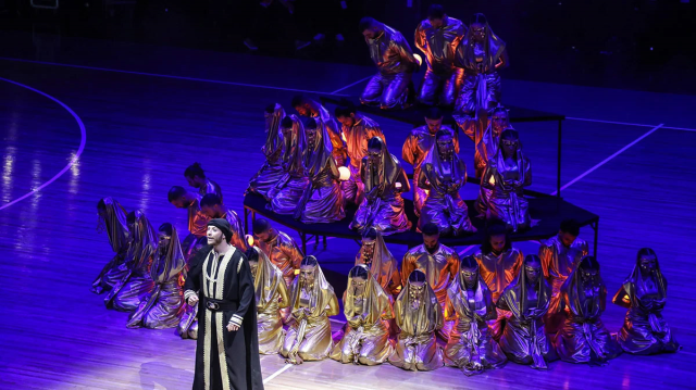 Syrian President Ahmed Al-Shara addressing the audience at the opening ceremony