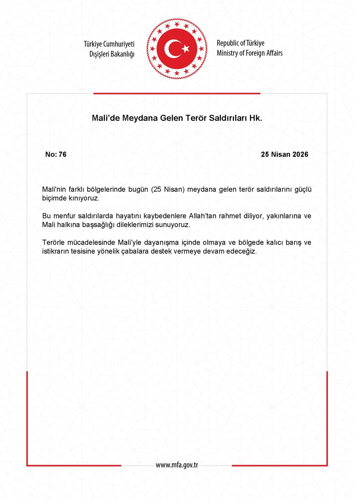 Dışişleri'nden Mali'deki terör saldırılarına kınama