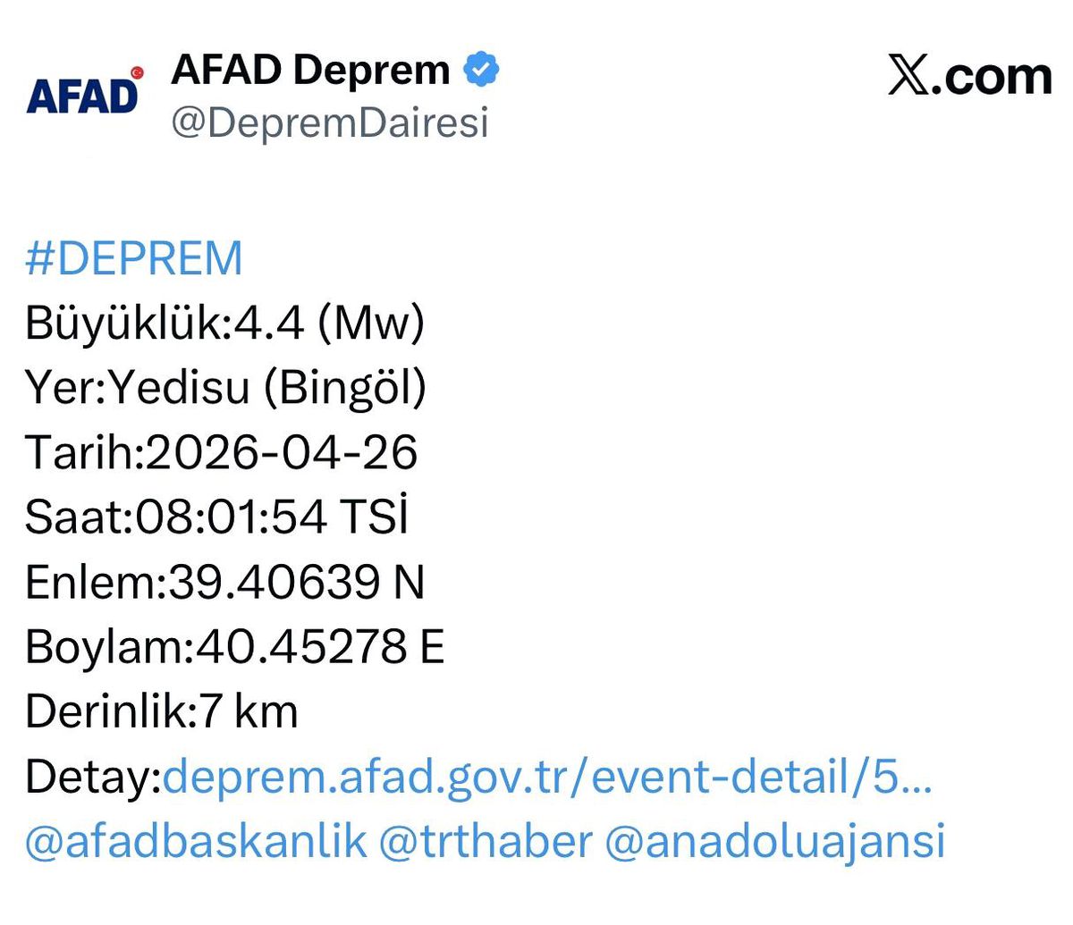 Bingöl'de 4.4 büyüklüğünde deprem