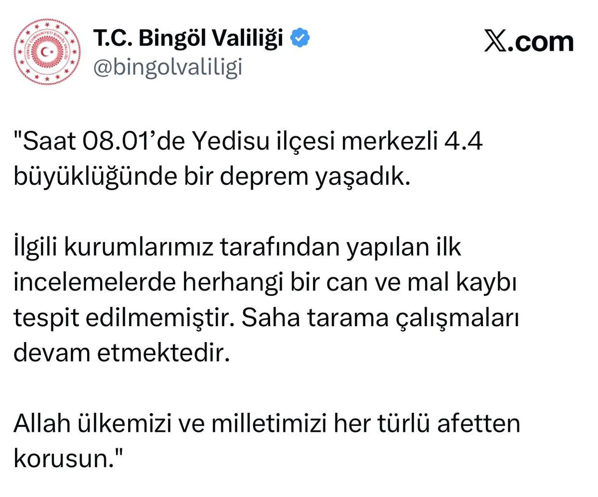 Bingöl Valiliği: "Saha tarama çalışmaları devam etmektedir"