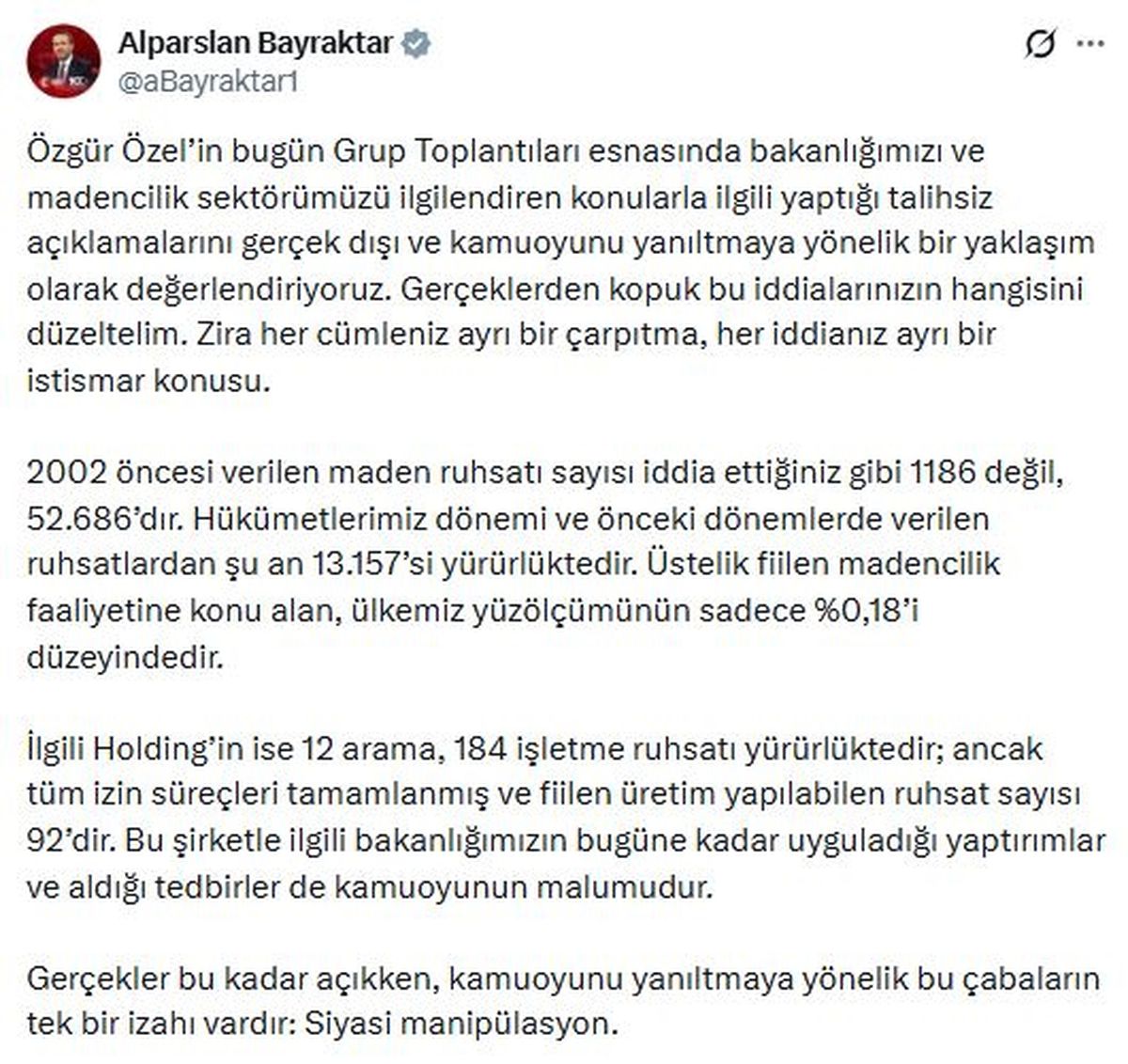 Bakan Bayraktar: Özgür Özel'in talihsiz açıklamaları gerçek dışı