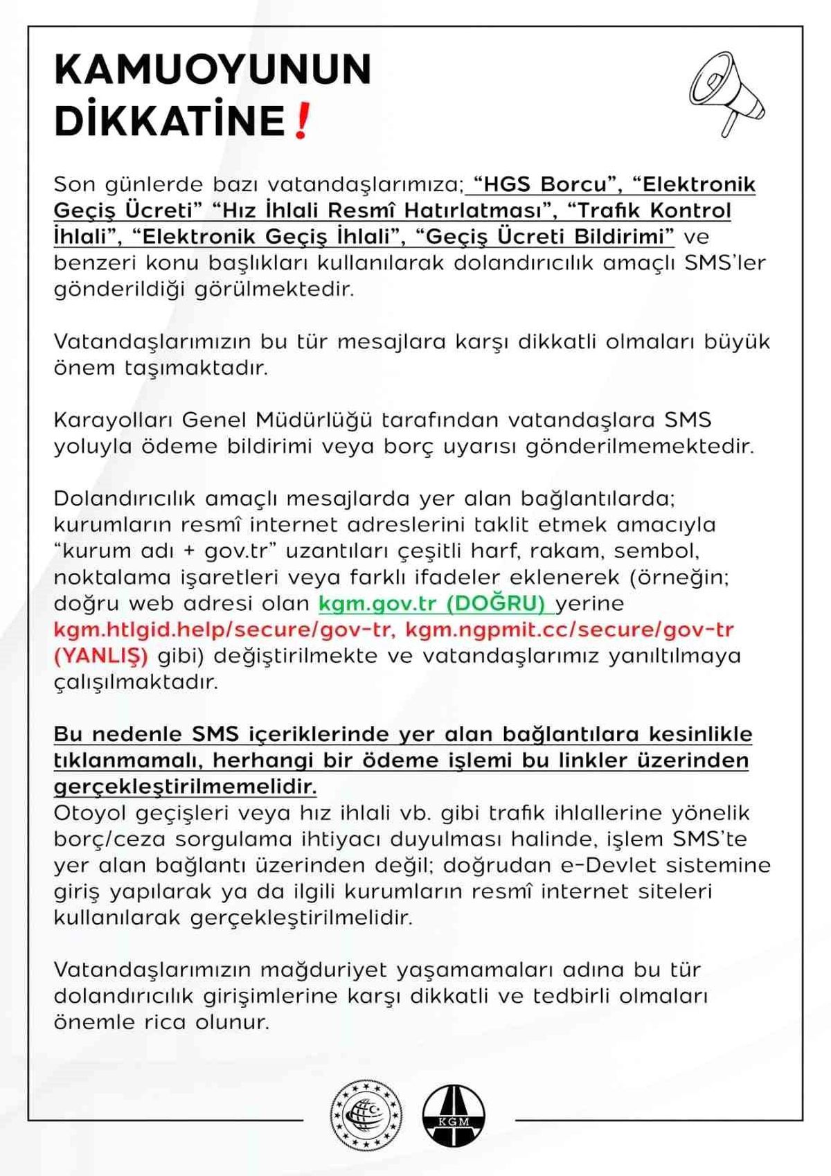 KGM'den dolandırıcılık amaçlı SMS'lere karşı uyarı: "Karayolları Genel Müdürlüğü tarafından vatandaşlara S...