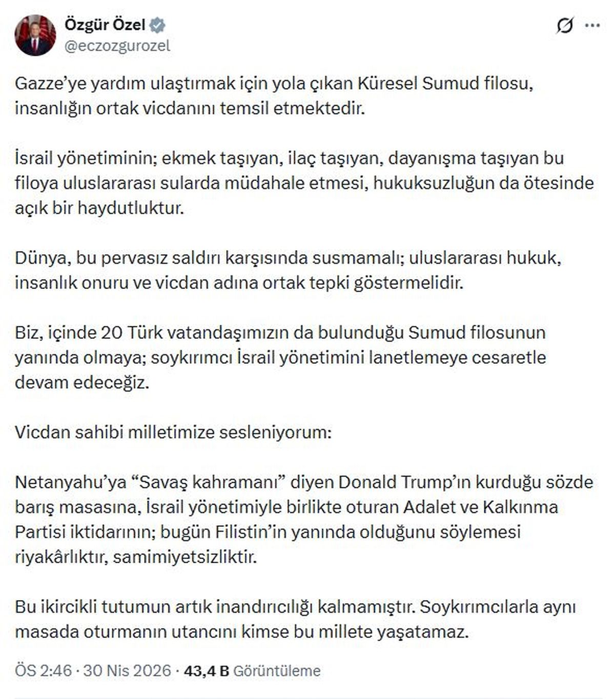 CHP Genel Başkanı Özgür Özel'den İsrail'e sert tepki