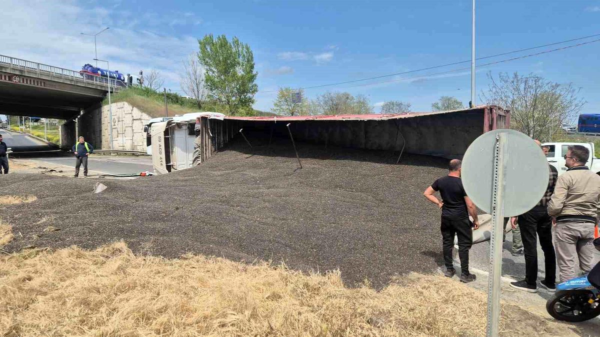Tekirdağ'da ayçiçeği çekirdeği yüklü tır devrildi, trafik kilitlendi