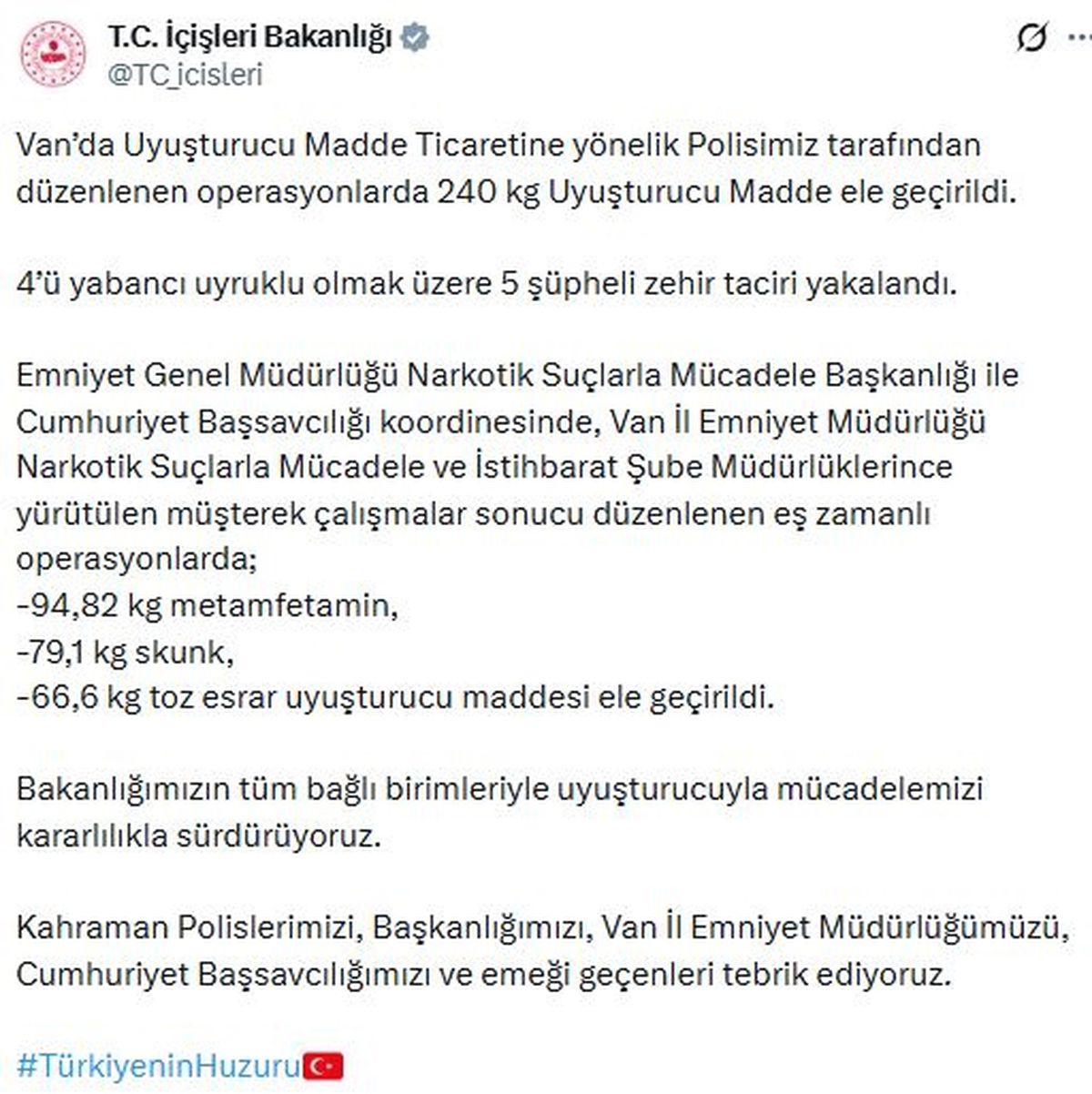 Van'da 240 kilo uyuşturucu ele geçirildi; 5 gözaltı