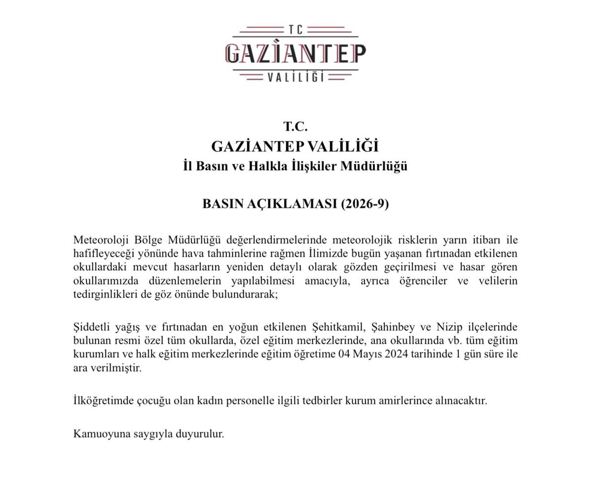 Gaziantep'te fırtına sonrası okullar tatil edildi