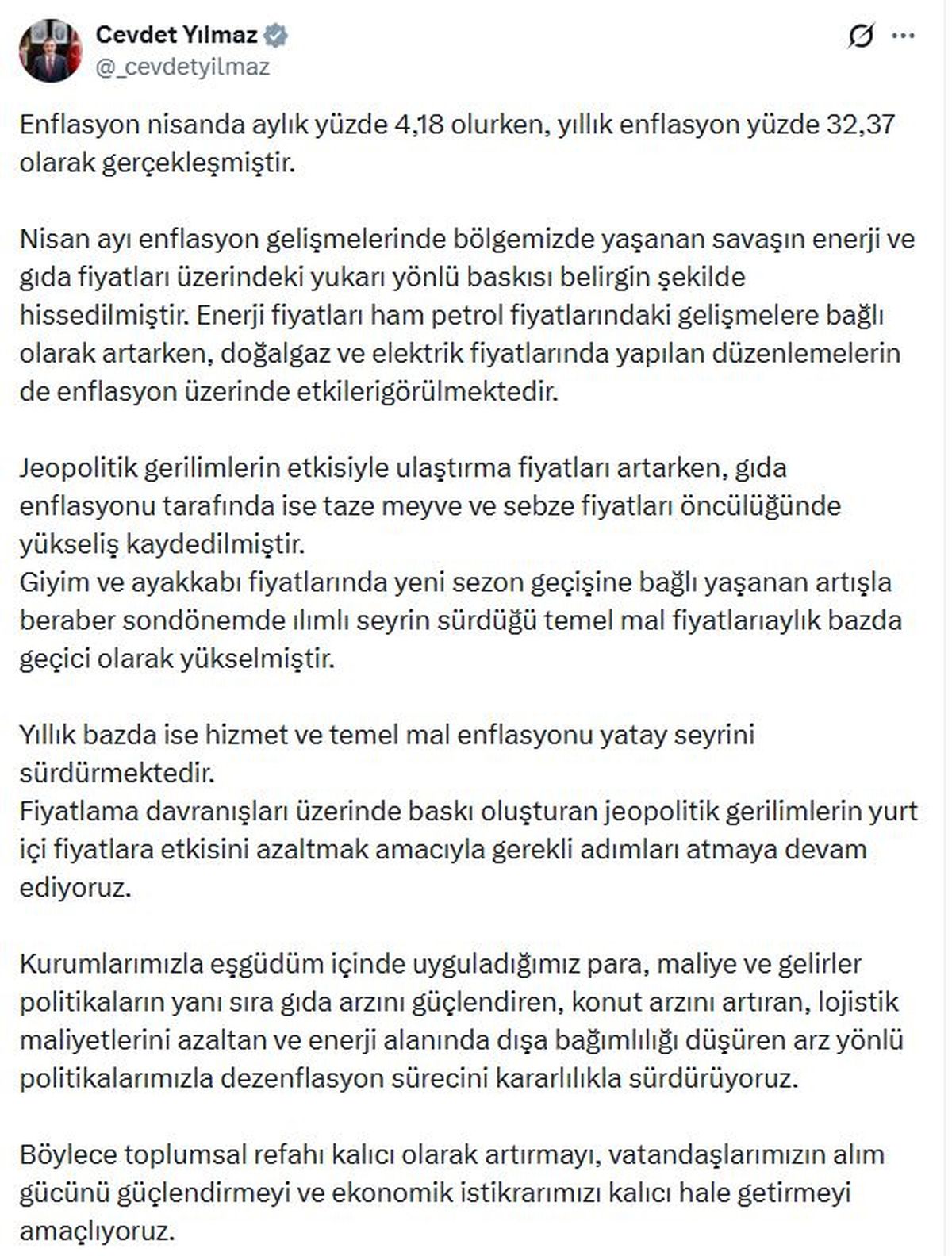 Cevdet Yılmaz: Dezenflasyon sürecini kararlılıkla sürdürüyoruz