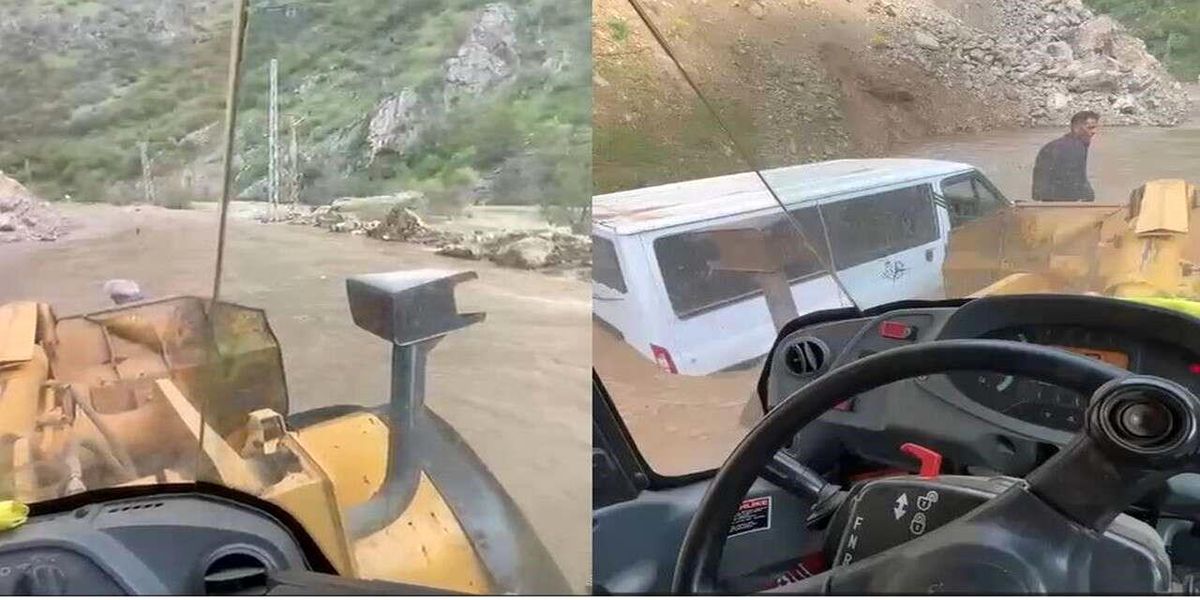 Hakkari'de dere taştı: Yolda mahsur kalan minibüs 3 saatlik çalışmayla kurtarıldı
