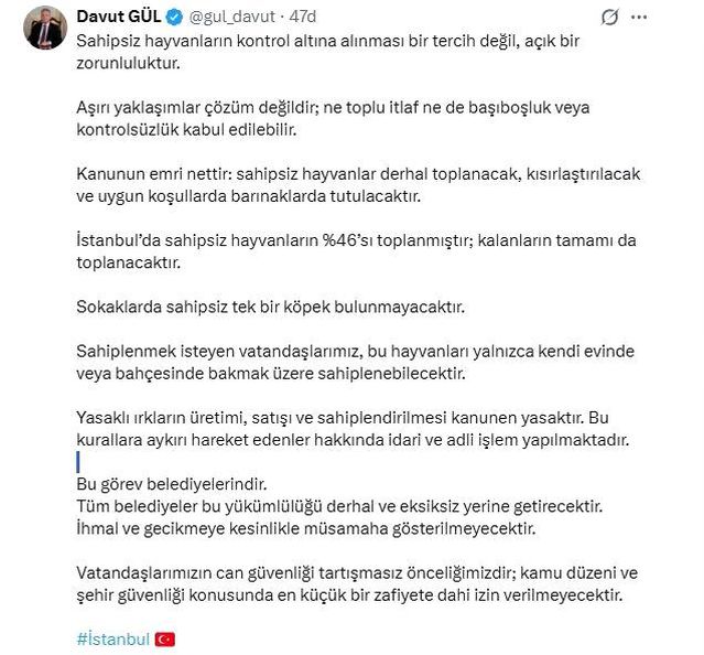 İstanbul Valisi Davut Gül: “Sahipsiz hayvanların yüzde 46’sı toplanmıştır; kalanların tamamı da toplanacaktır”