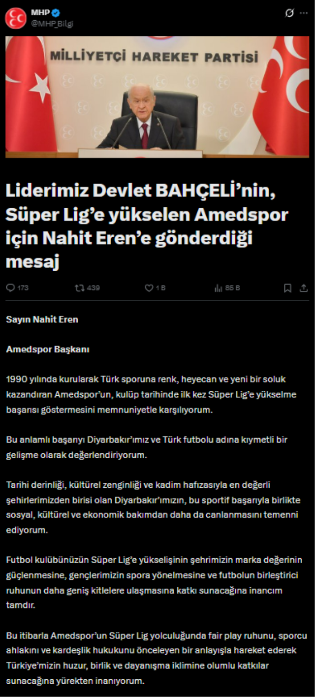 MHP leader Bahçeli sent a congratulatory message to Amedspor