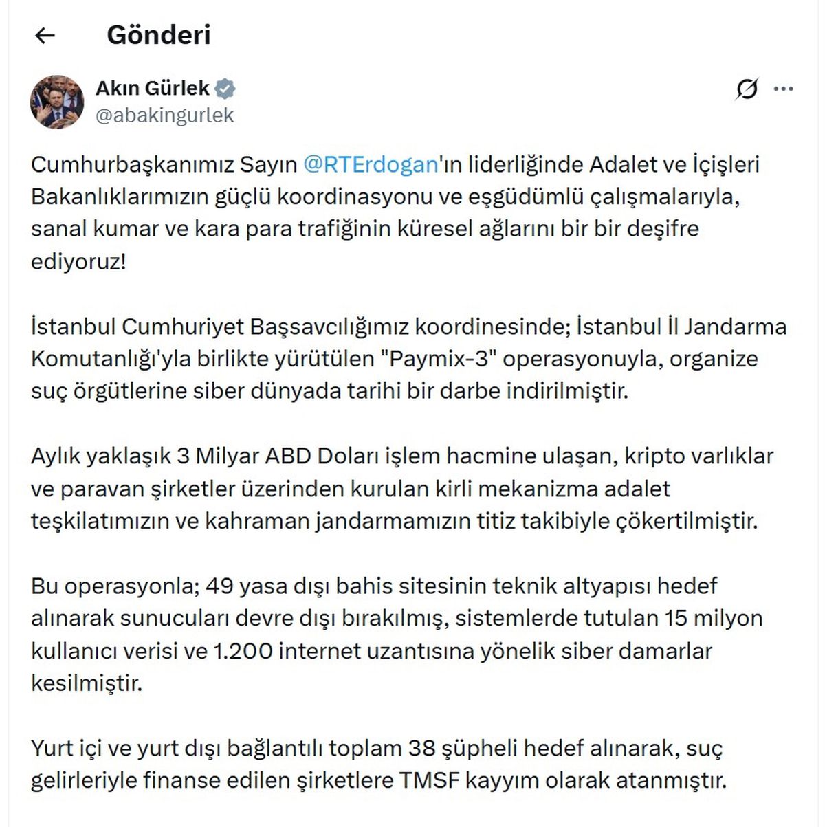 Bakan Gürlek: 'Paymix-3' operasyonuyla suç örgütlerine tarihi darbe indirildi