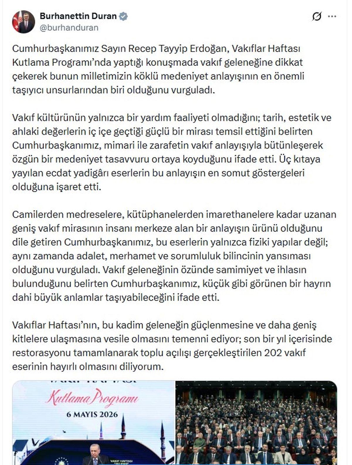 İletişim Başkanı Duran: Vakıf geleneği milletimizin köklü medeniyet anlayışının taşıyıcısıdır
