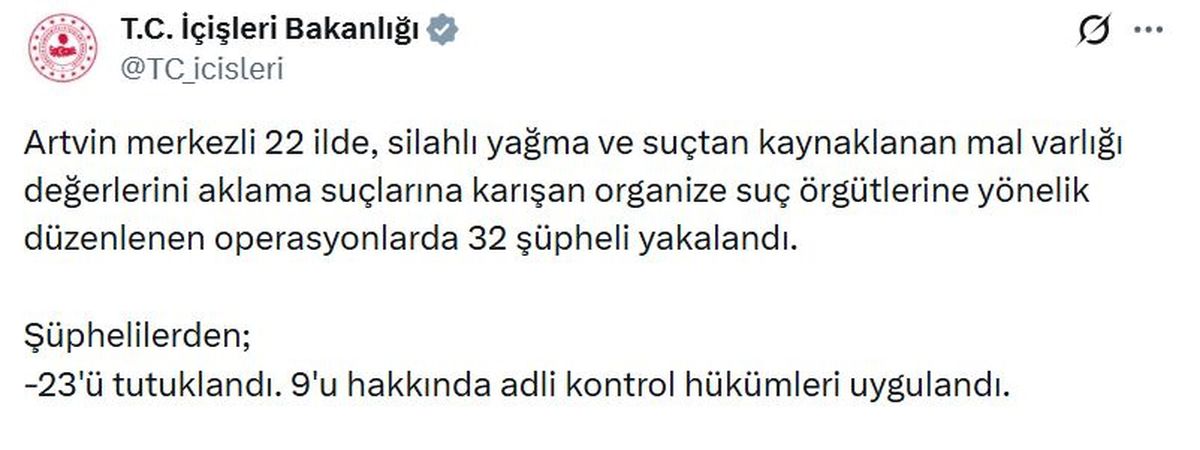 Artvin merkezli 22 ilde organize suç örgütlerine operasyon: 23 tutuklama