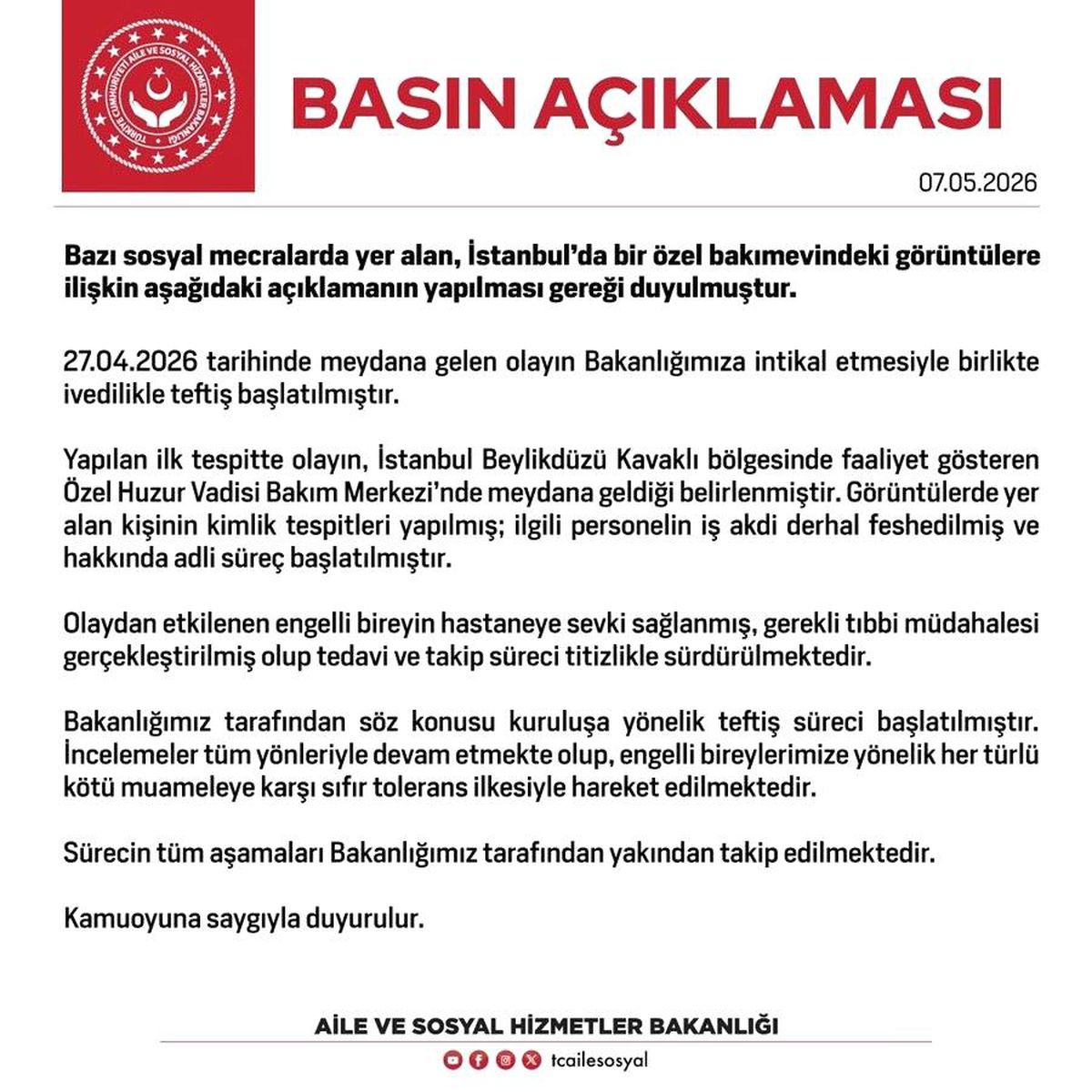 Aile ve Sosyal Hizmetler Bakanlığından, İstanbul'daki bakım merkezindeki görüntülere ilişkin açıklama